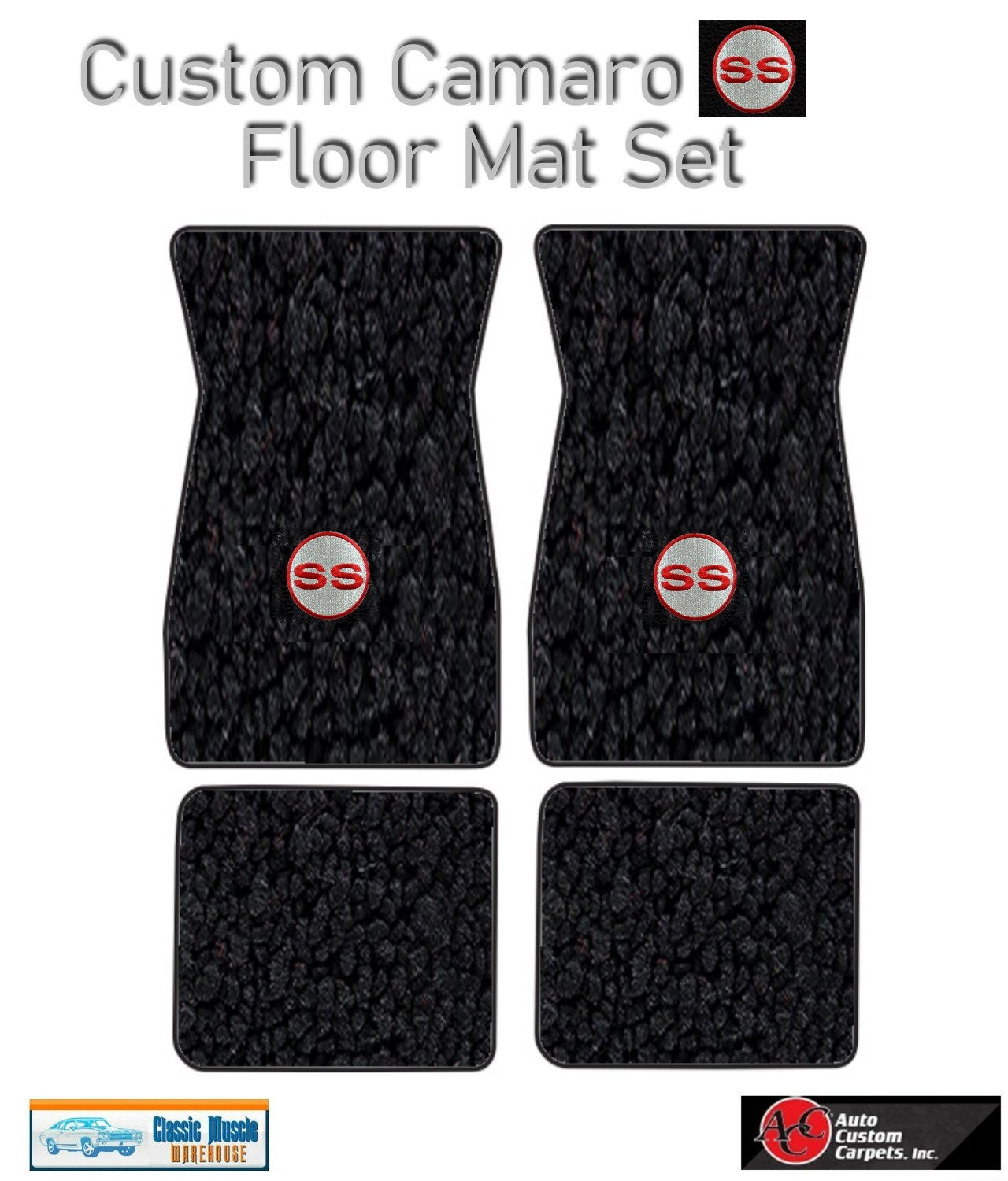1970-73 Camaro Black Carpet Floor Mat Set w/ Red & Silver Circle SS Logo -ACC
