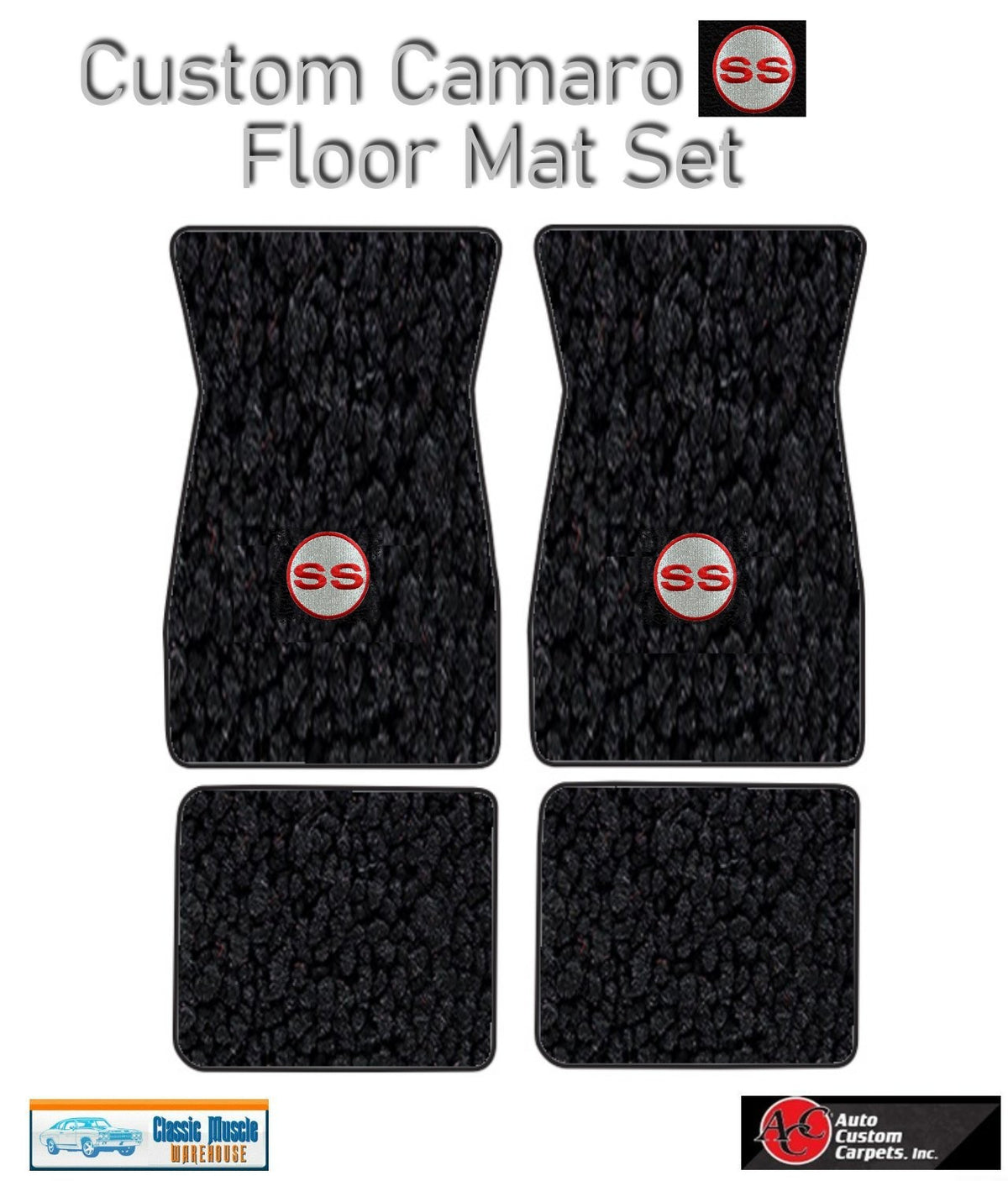 1970-73 Camaro Black Carpet Floor Mat Set w/ Red & Silver Circle SS Logo -ACC