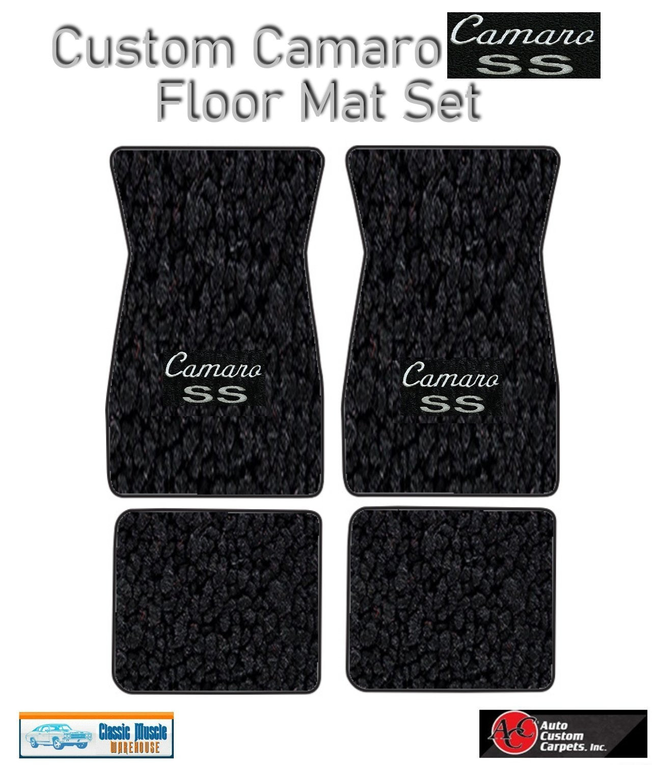 1967-69 Camaro Black Carpet Floor Mat Set with Silver Camaro SS Script Logo -ACC