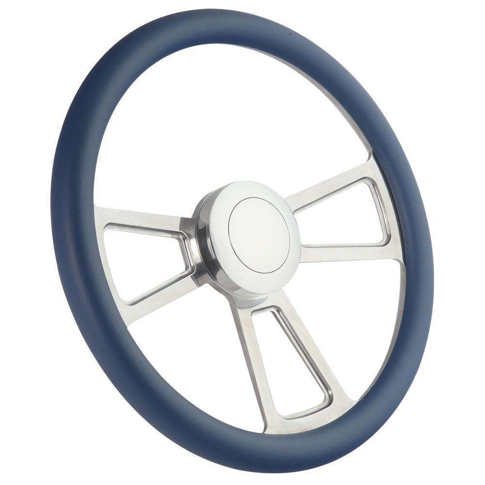 18" Polished Billet & Blue Steering Wheel, Horn for Big Rig Truck, 18 Wheeler