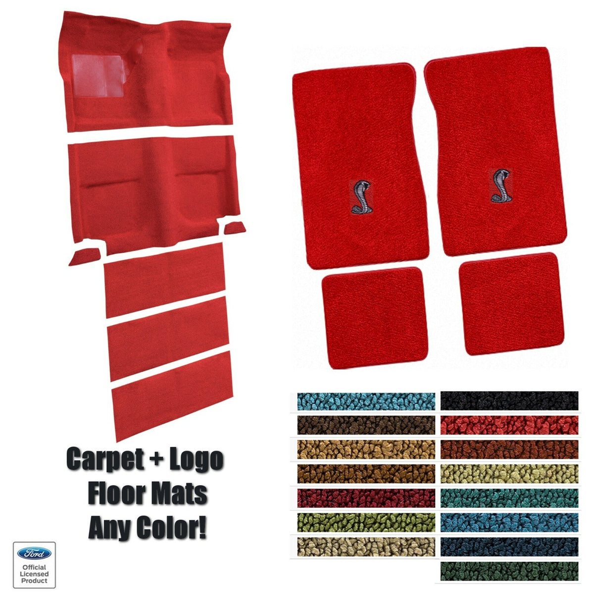 Custom Carpet & Matching Floor Mat Set w/ Cobra Logo 1965-68 Mustang Fastback