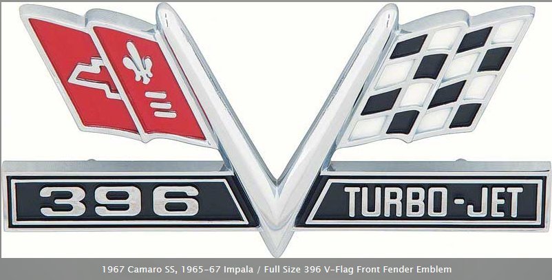 1965 - 67 Impala, 1967 Camaro, 396 V Flag Front Fender Emblem - Pair - #3867312