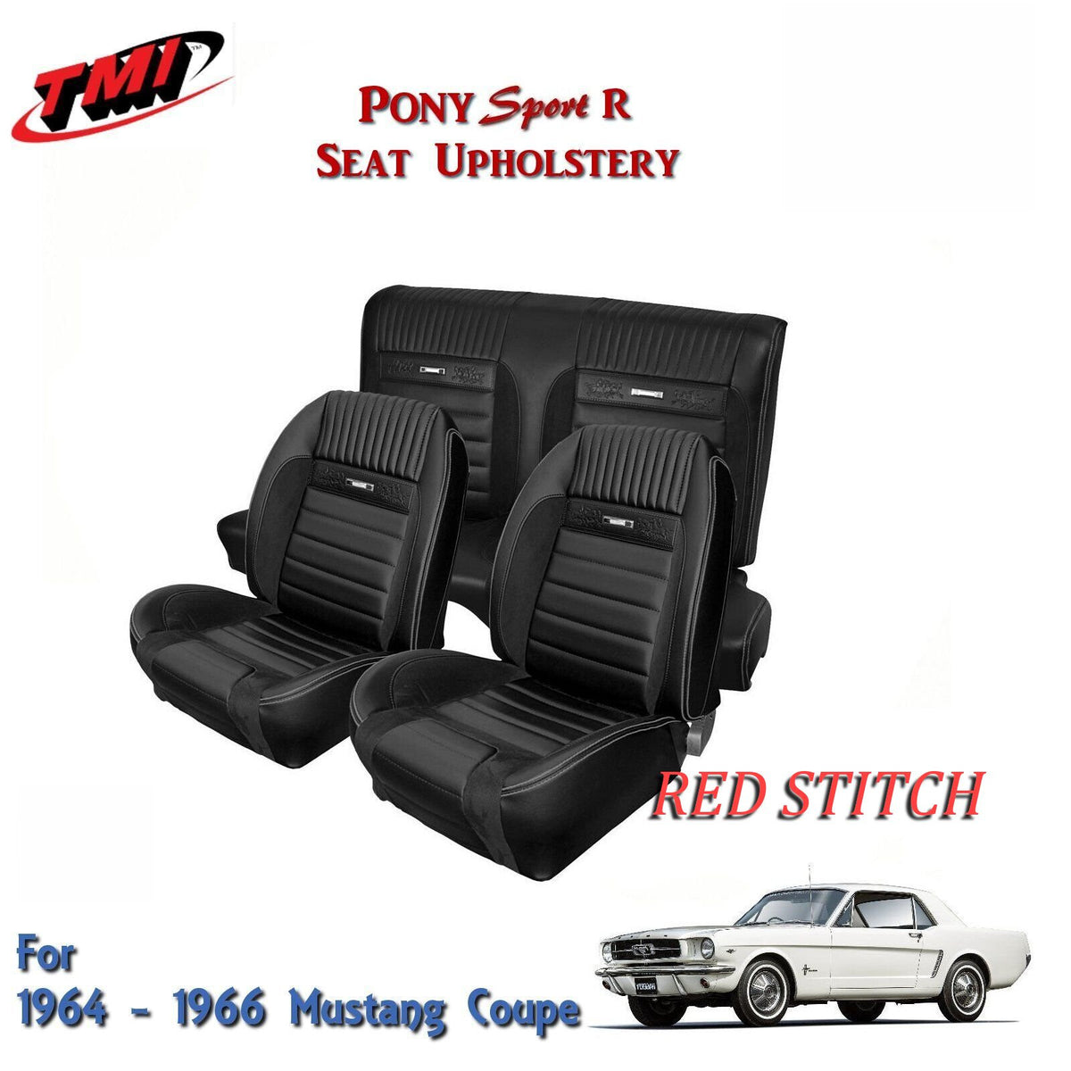 1964 - 66 Mustang Coupe Front/Rear Seat PONY "Sport R" Upholstery w/ Red Stitch