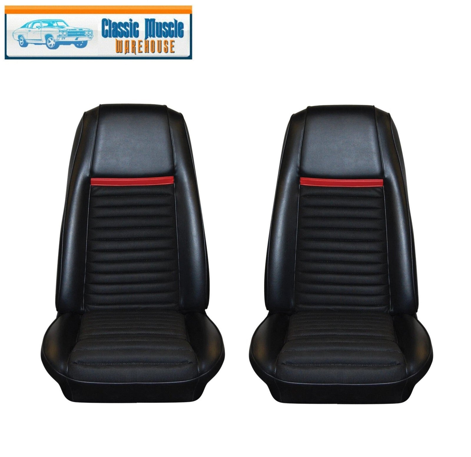 1969 Mach I Highback Seat Cover Upholstery, Full Set - Black w/RED Stp IN STOCK!