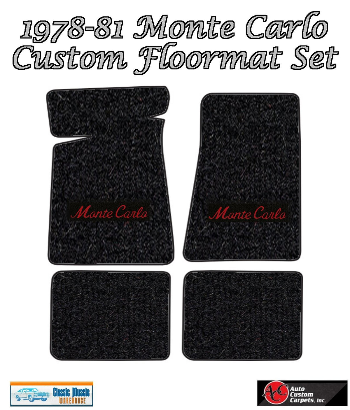 1978-81 Monte Carlo Black Carpet Floor Mat Set with Red Monte Carlo Logo -ACC