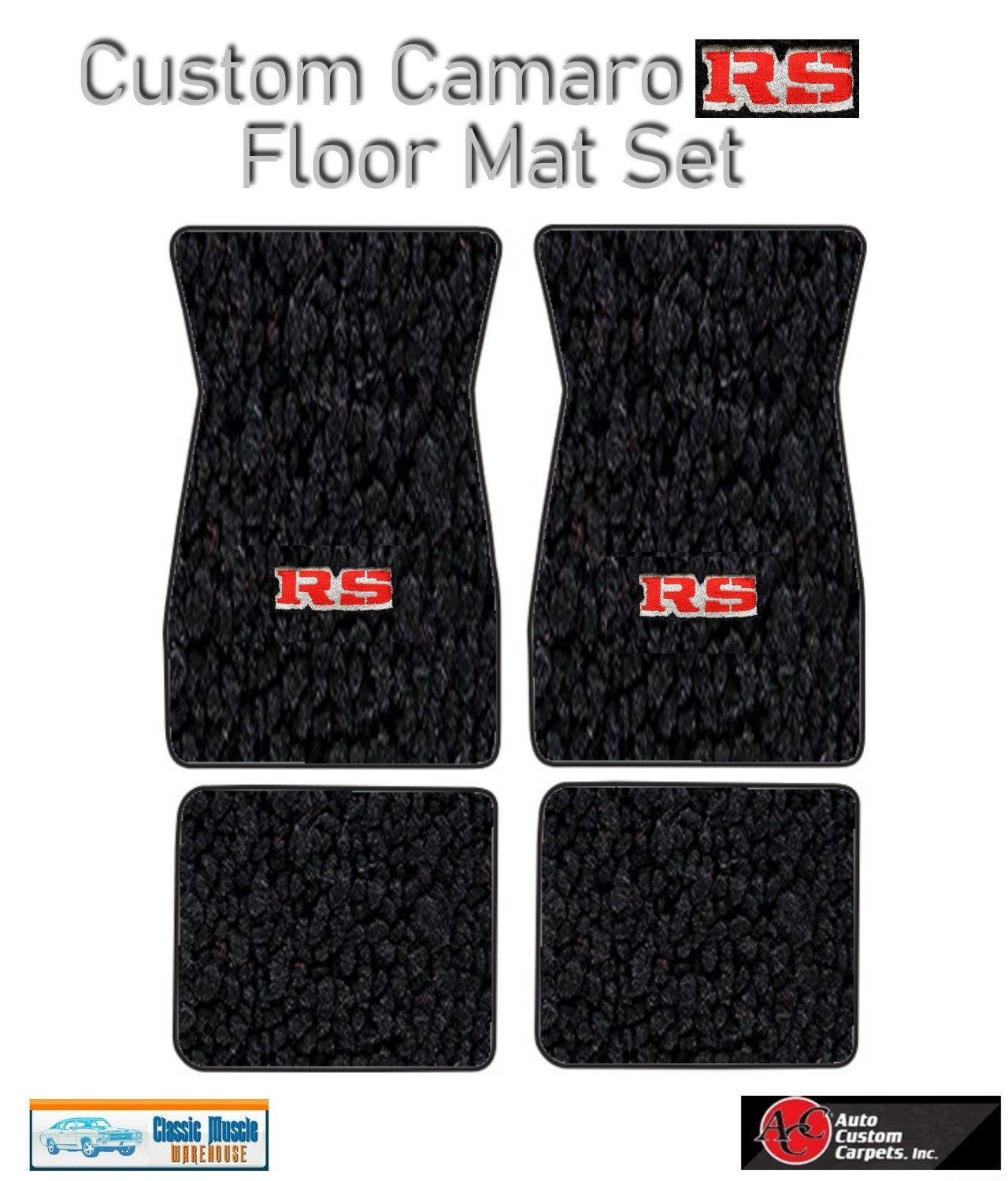1970-73 Camaro Black Carpet Floor Mat Set w/Red & Silver RS Logo -ACC Made in US