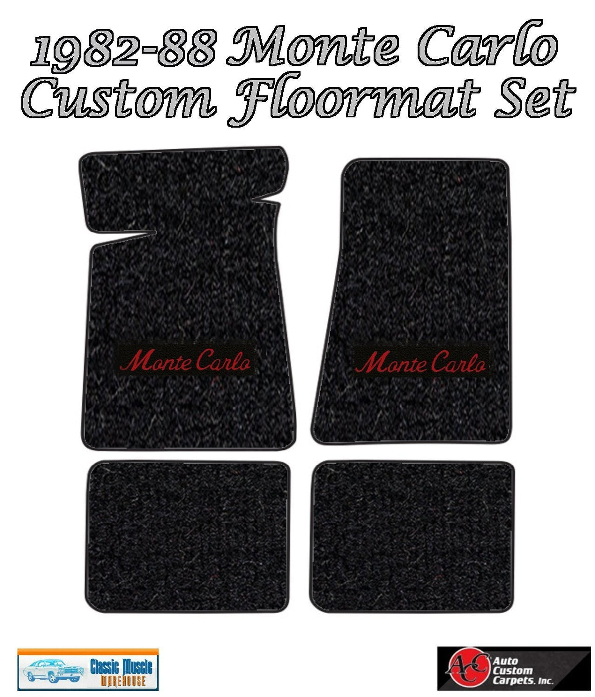 1982-88 Monte Carlo Black Carpet Floor Mat Set with Red Monte Carlo Logo -ACC