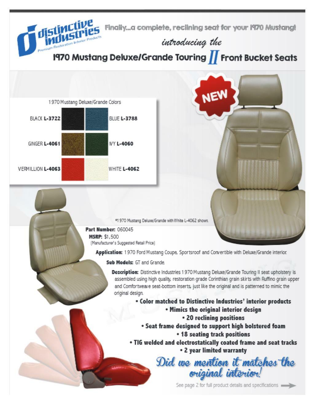 Deluxe/Grande Touring II Fully Assembled Seats & Brackets 1970 Mustang Any Color