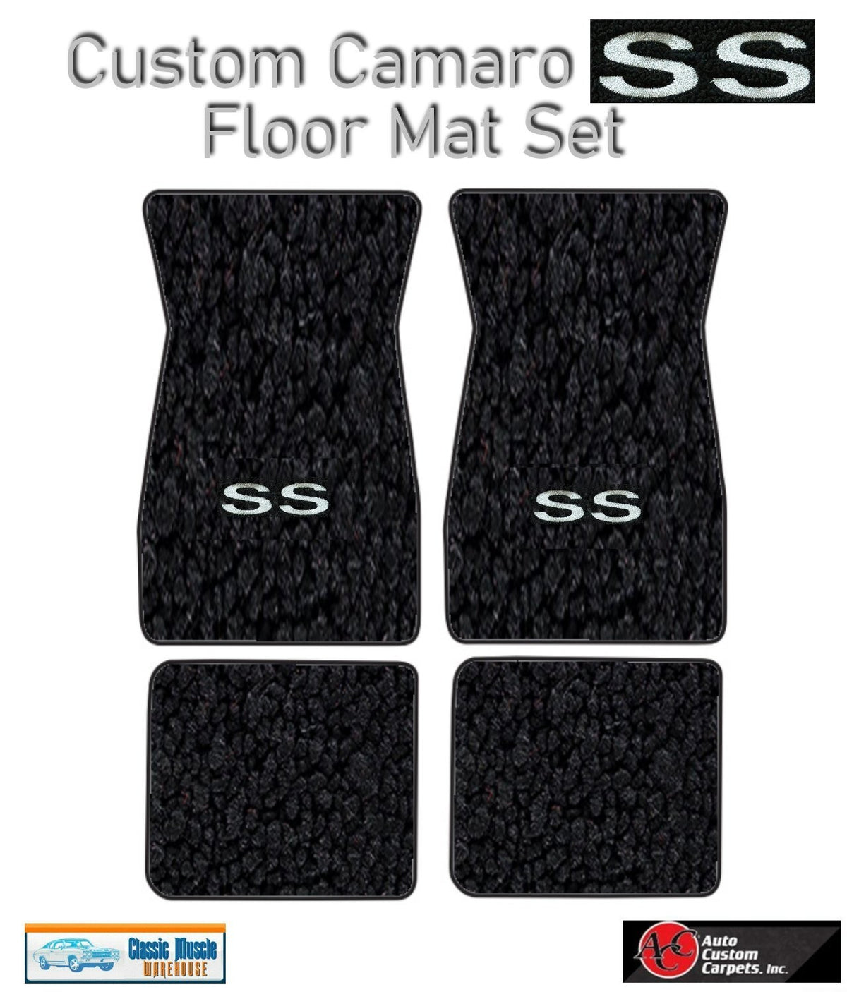 1967-69 Camaro Black Carpet Floor Mat Set with Silver SS Logo -ACC, Made in US