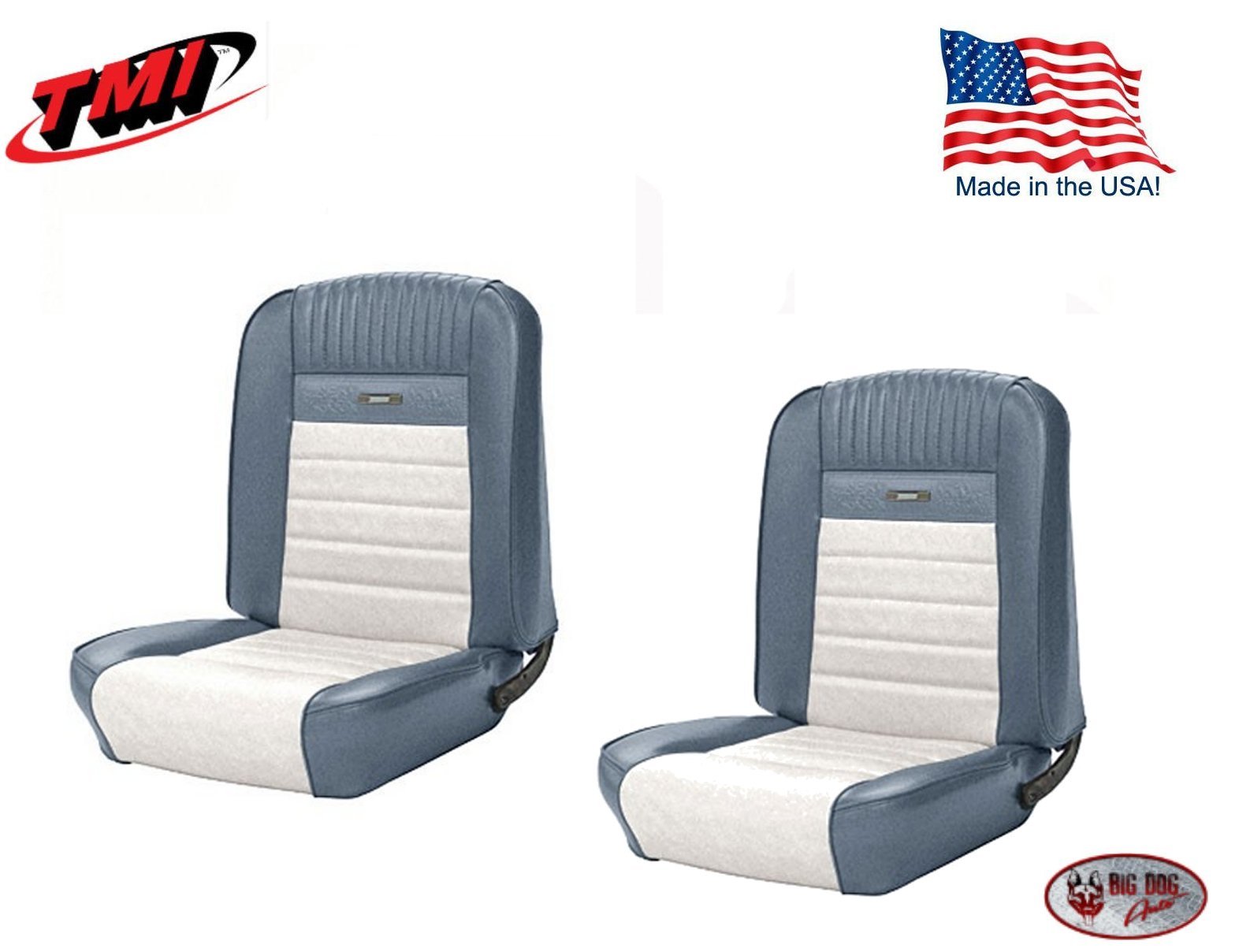 1964 - 1966 Mustang Front Buckets Deluxe PONY Upholstery - Blue and White