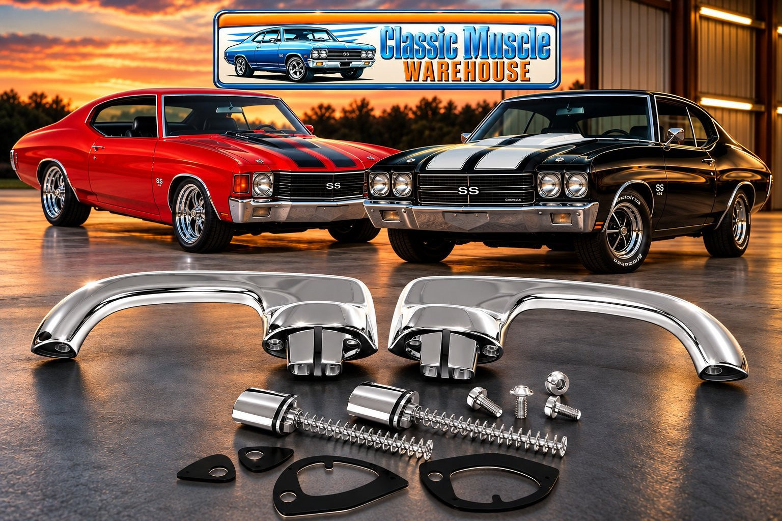 1970, 1971 & 1972 Chevelle Chrome Outside Door Handle With Button Set - PAIR
