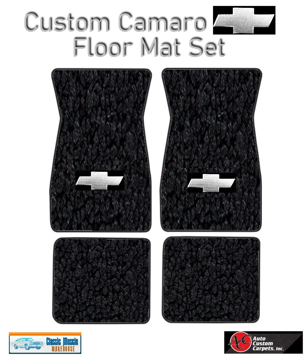 1974-81 Camaro Black Carpet Floor Mat Set w/Silver Bowtie Logo -ACC, Made in US