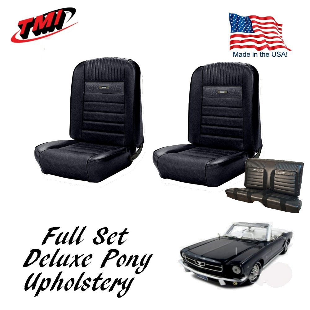 1964-66 Mustang Convertible Front & Rear Deluxe PONY Upholstery, Black, IN STOCK
