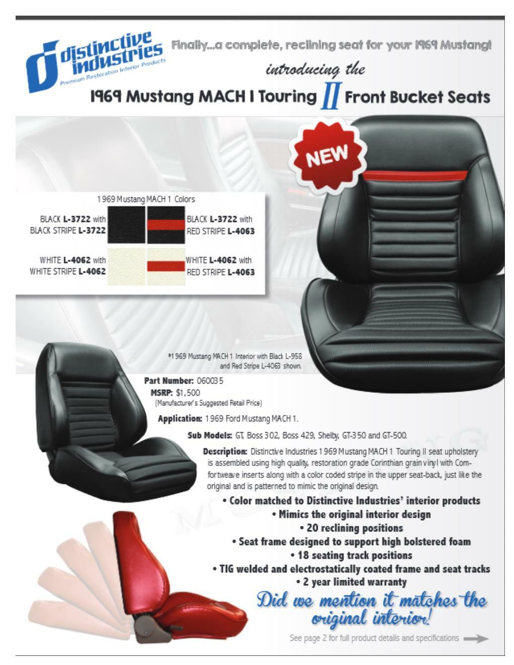 Mach 1 Touring II Fully Assembled Seats  1969 Mustang - Your Choice of Color