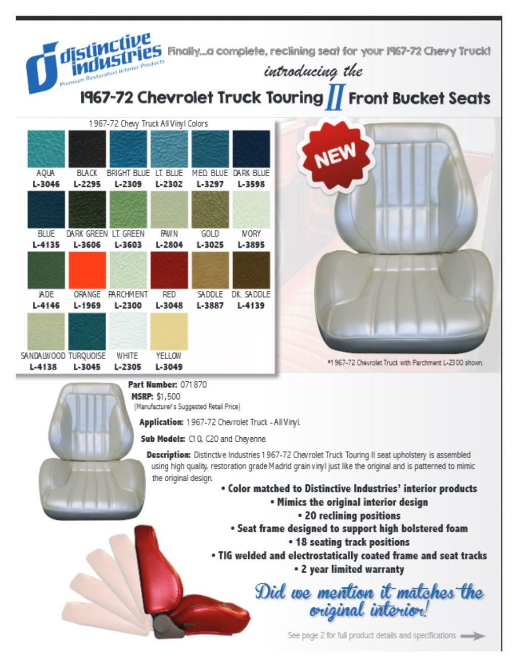 Standard Touring II Fully Assembled Seats 67-72 Chevy Truck-Your Choice of Color