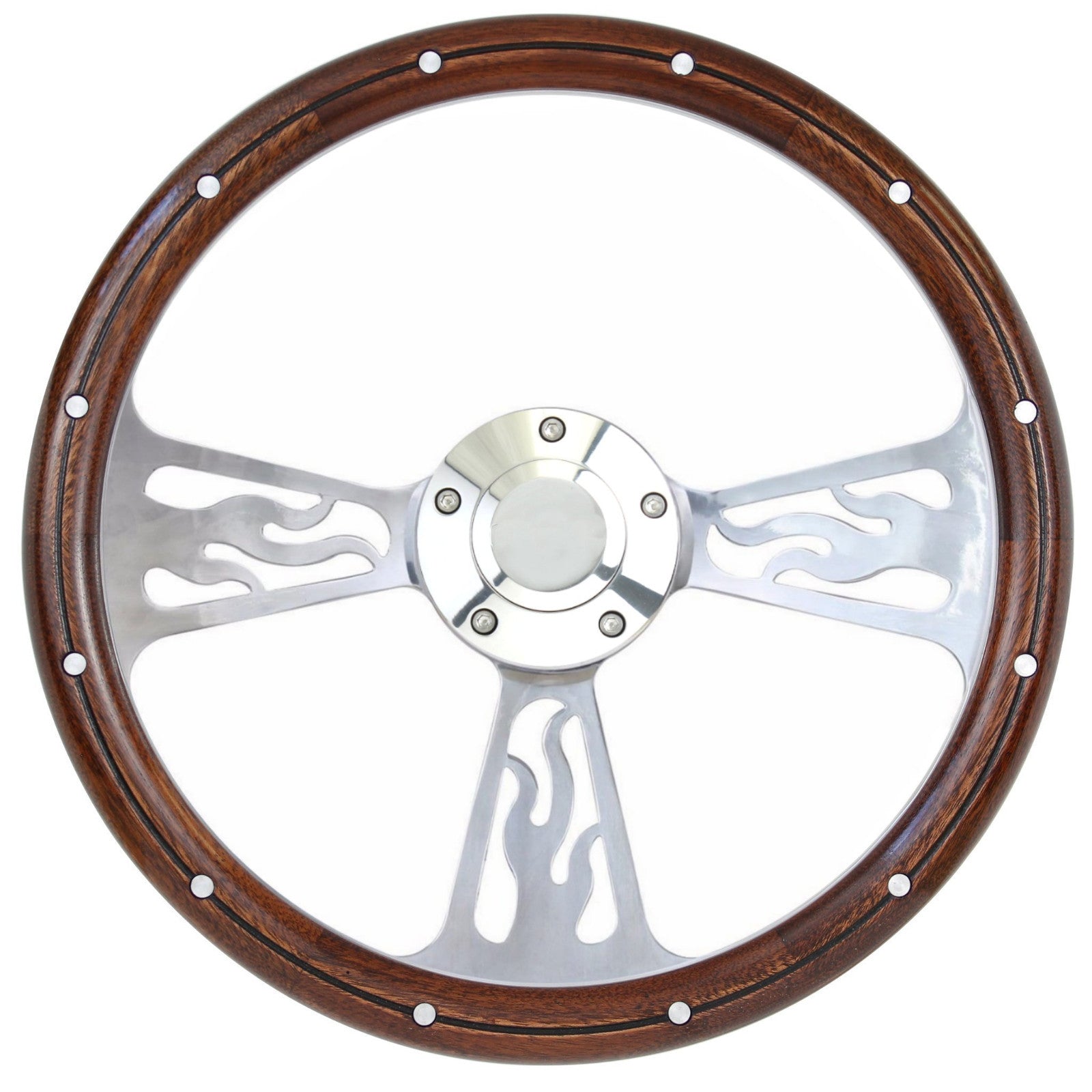 Hot Rod Street Rod Flamed Billet Steering Wheel & Real Mahogany Full Install Kit