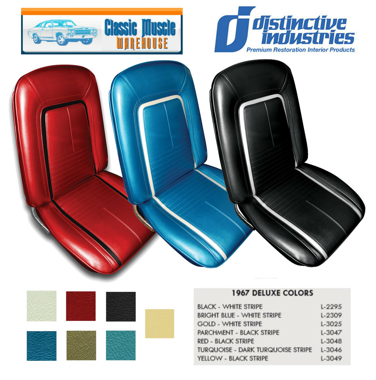 1967 Camaro Deluxe Front Bucket Seat Upholstery in Any Color By Distinctive Ind.