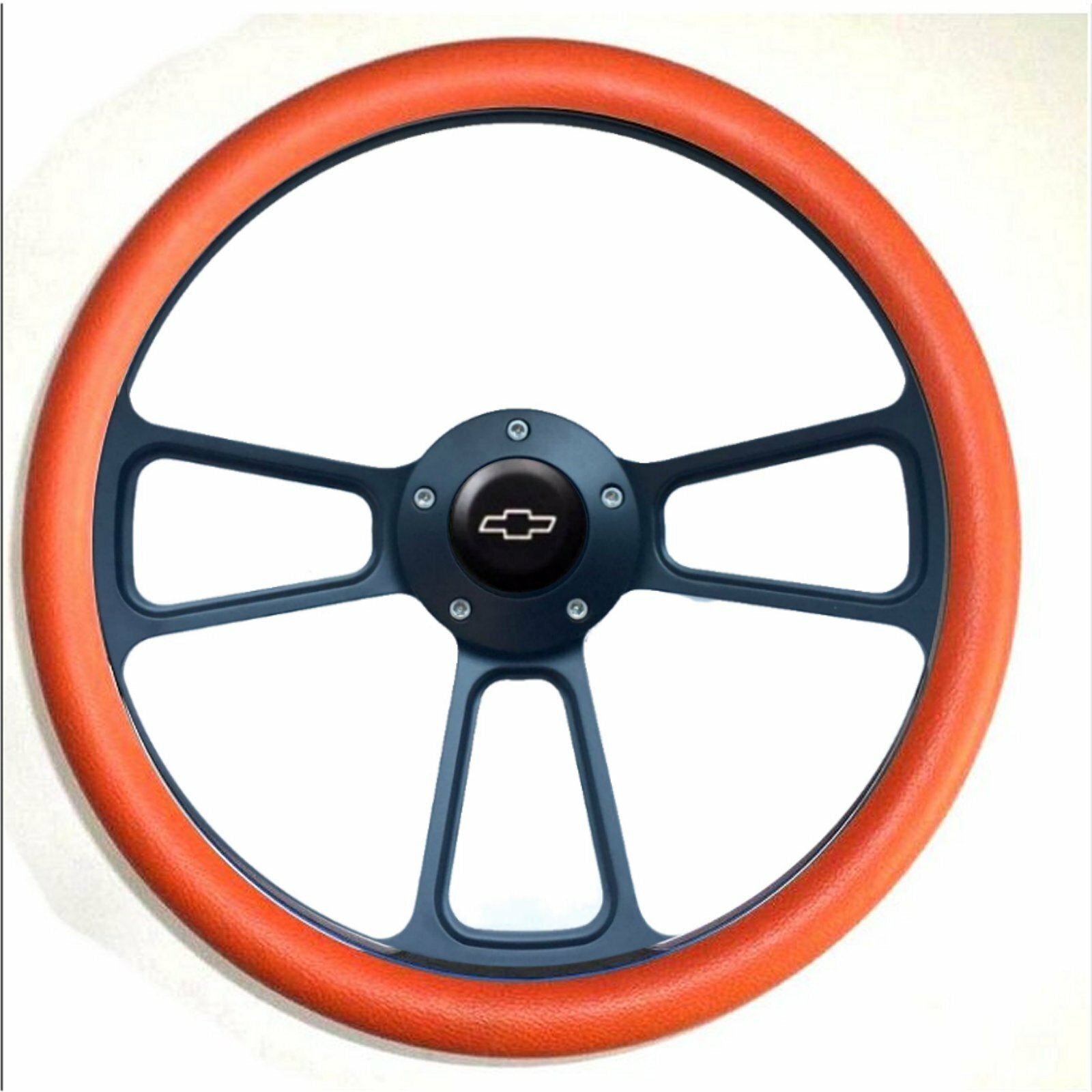 14" Black Billet & Orange Vinyl Steering Wheel, Chevy Bowtie Horn & Adapter 
