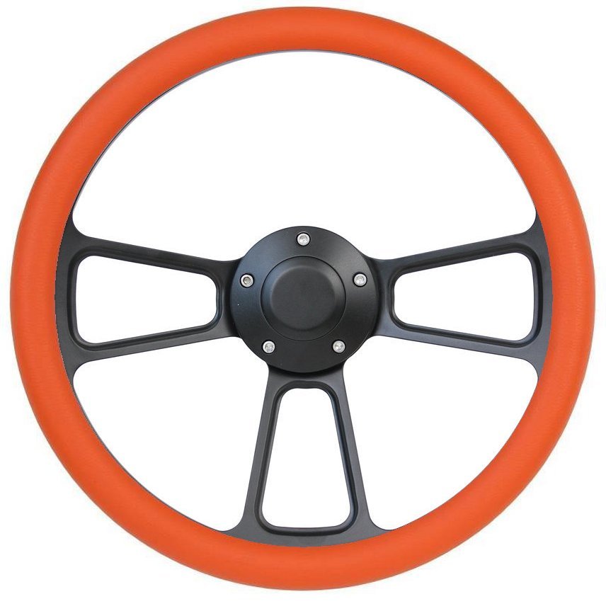 14" Black Billet & Orange Vinyl Steering Wheel, Black Horn