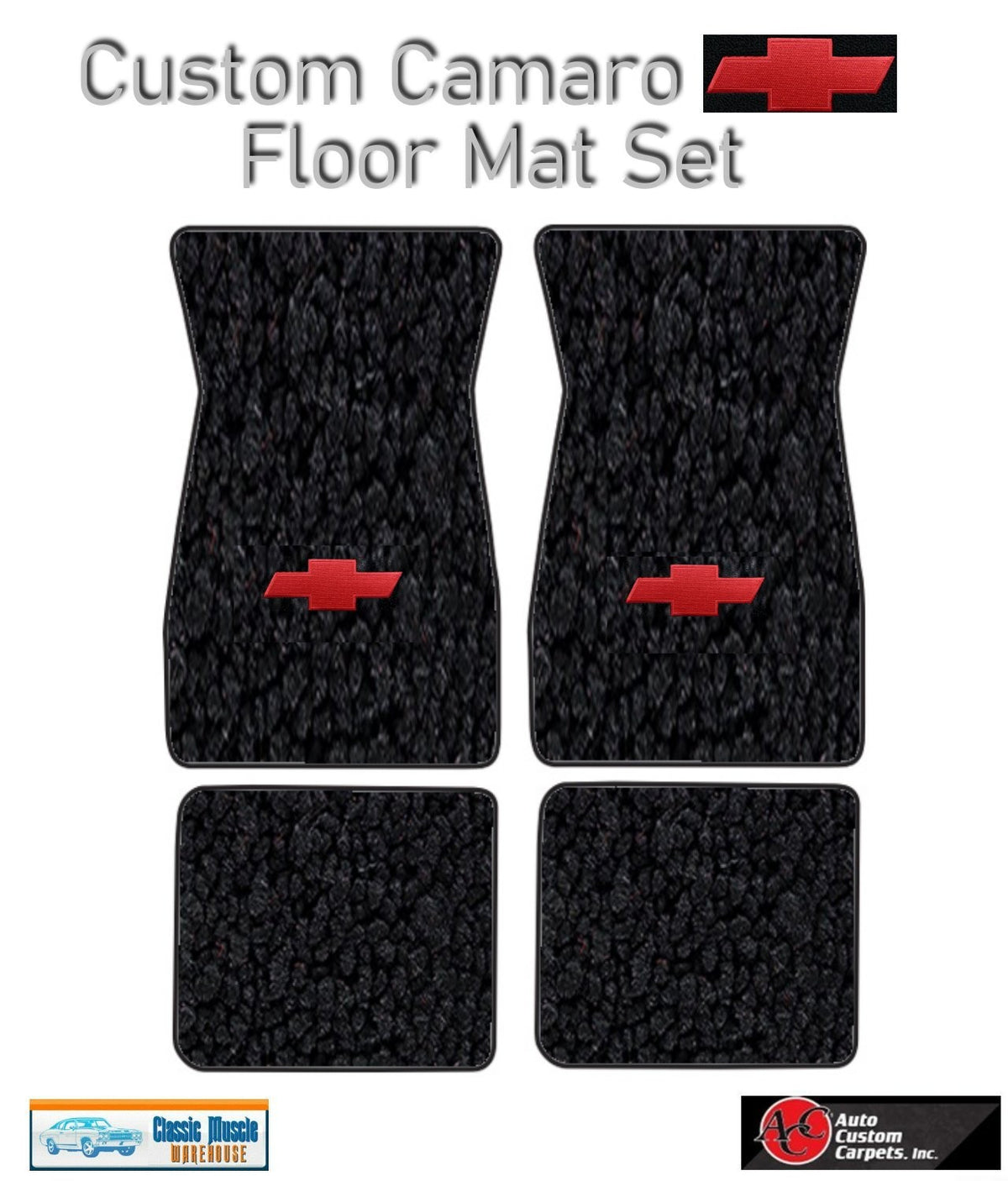 1974-81 Camaro Black Carpet Floor Mat Set with Red Bowtie Logo -ACC, Made in US