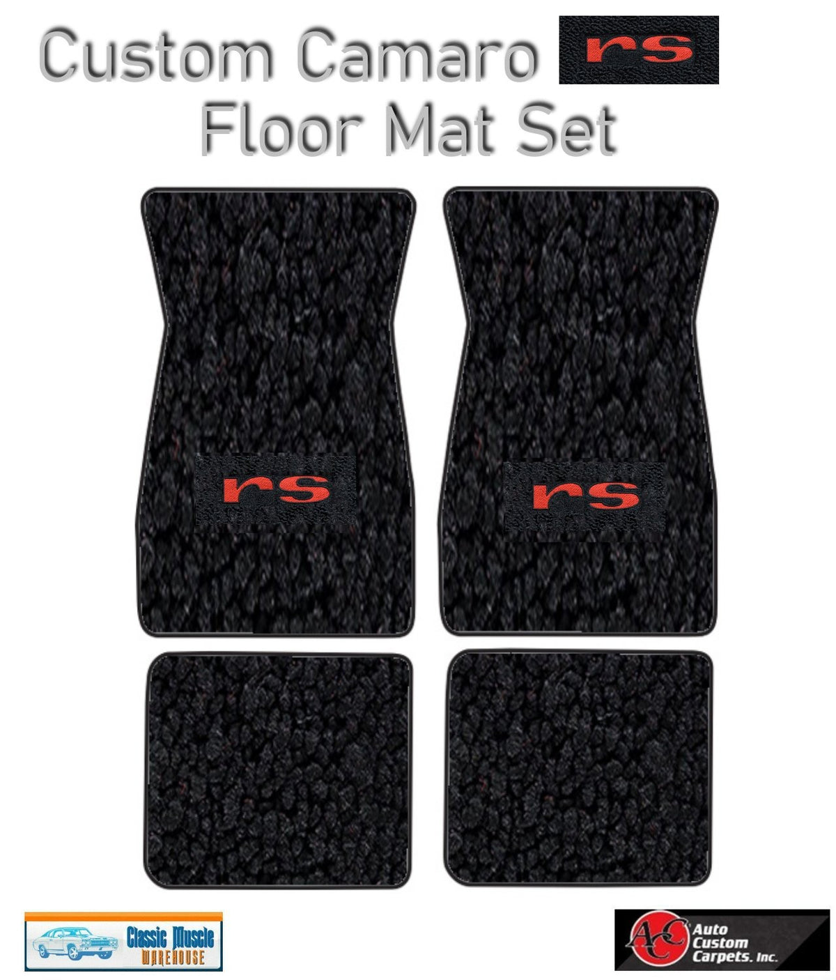 1967-69 Camaro Black Carpet Floor Mat Set with Red Camaro RS Logo US Made by ACC