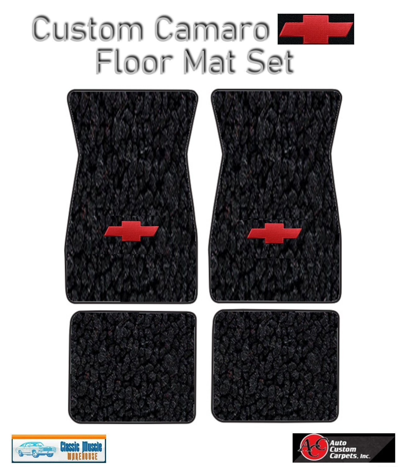 1970-73 Camaro Black Carpet Floor Mat Set with Red Bowtie Logo -ACC, Made in US