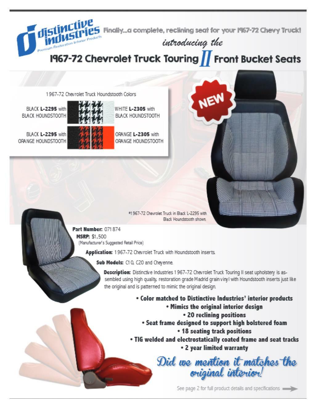 Deluxe Houndstooth Touring II Fully Assembled Seats  1967 - 1972 Chevy Trucks