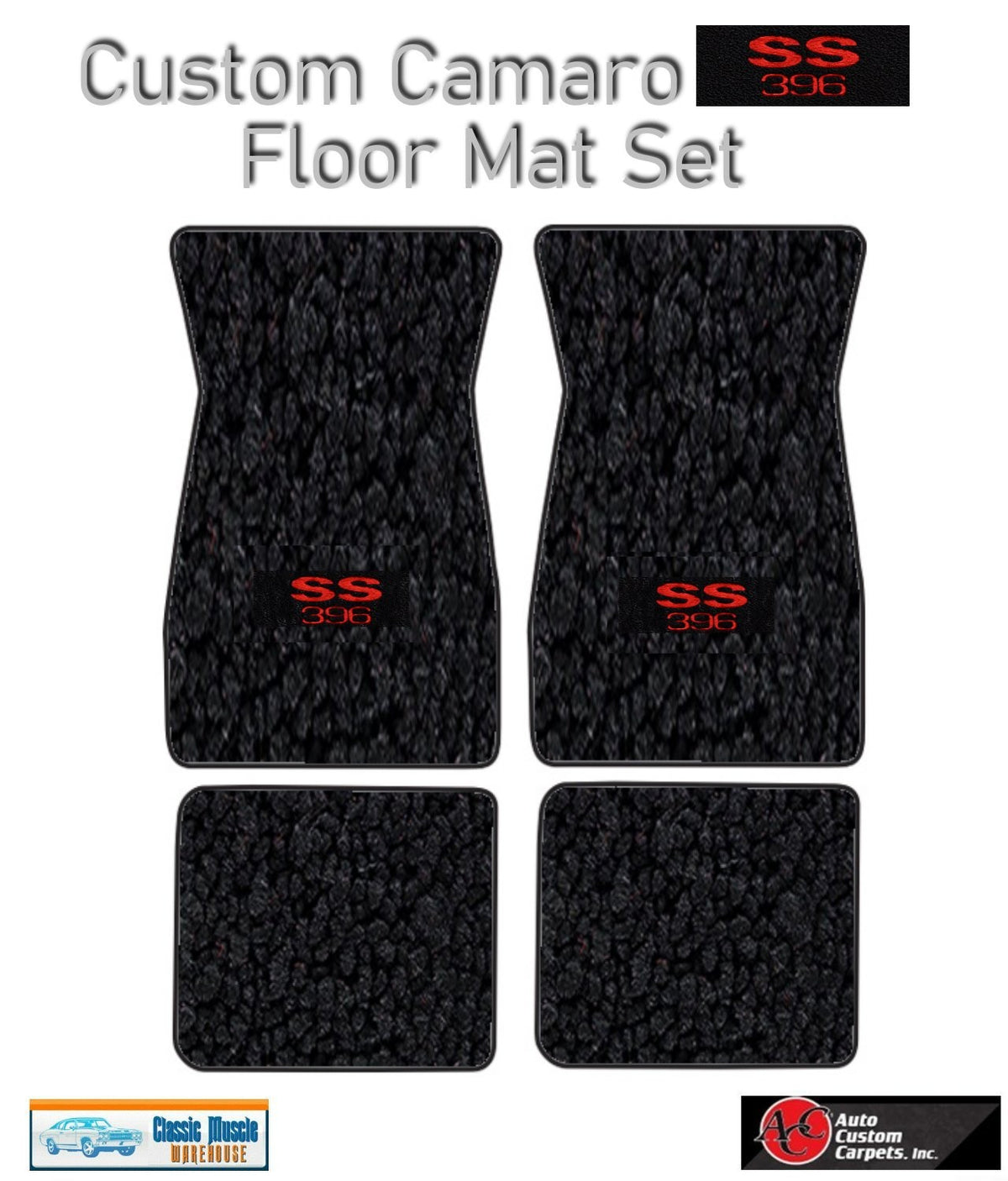 1967-69 Camaro Black Carpet Floor Mat Set w/Red SS 396 Camaro Logo (ACC)