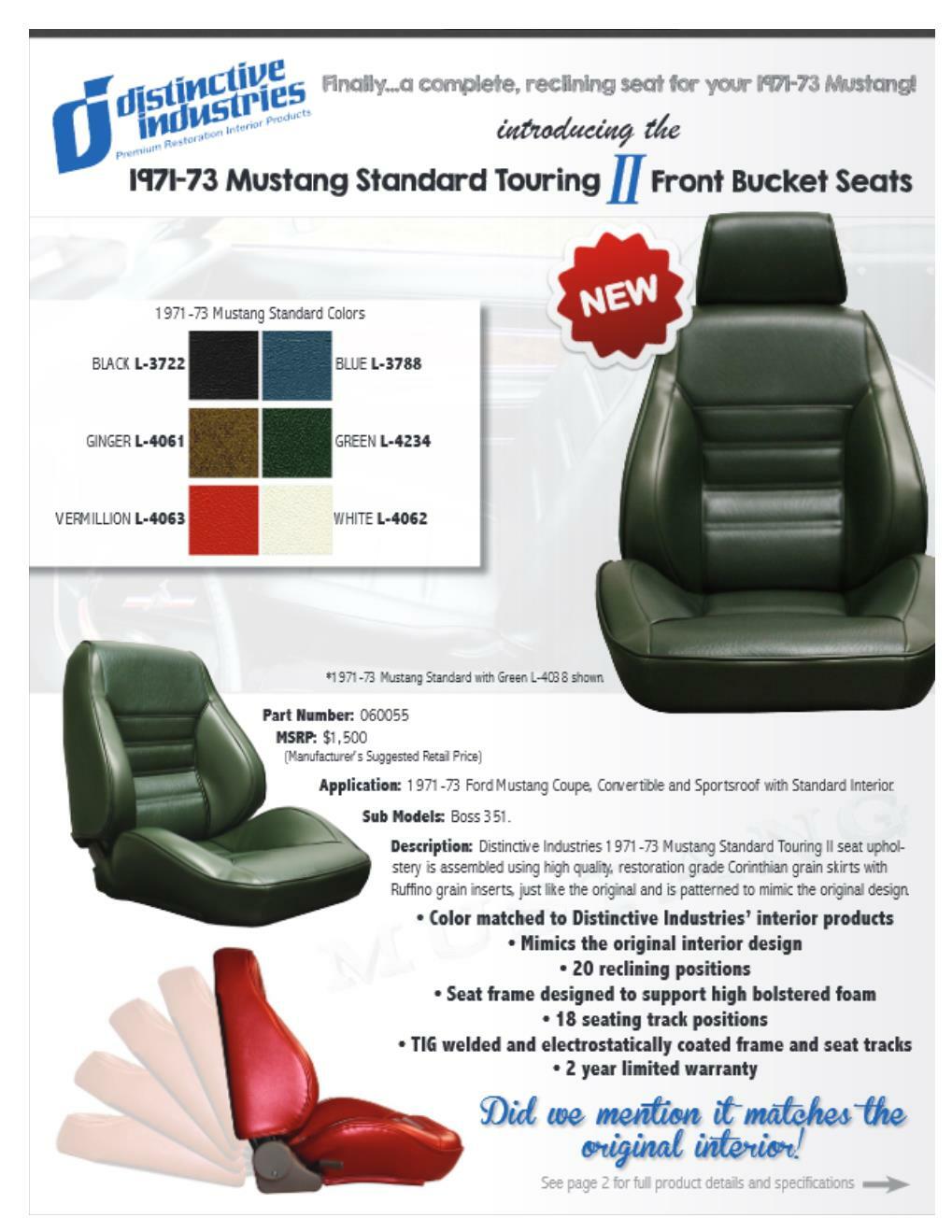 Standard Touring II Fully Assembled Seats  1971-73 Mustang - Choice of Color