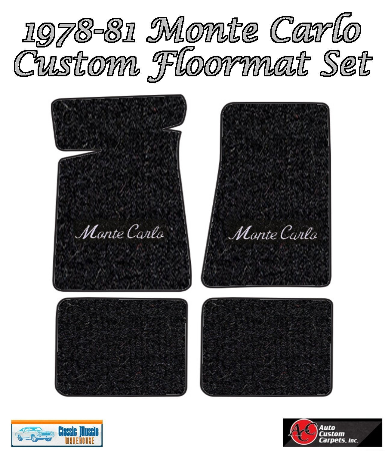1978-81 Monte Carlo Black Carpet Floor Mat Set with Silver Monte Carlo Logo -ACC