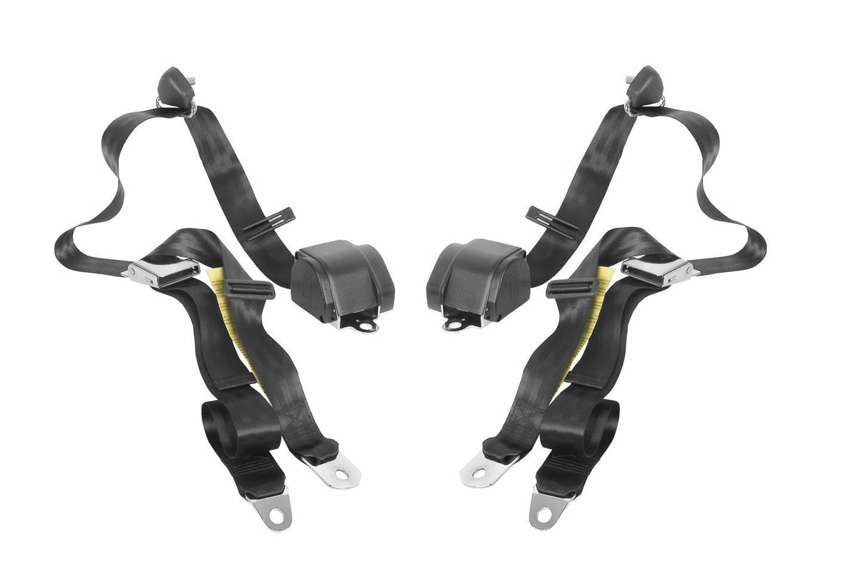 3 Point Retractable Black Lap Seat Belt, Airplane Buckle, Pair