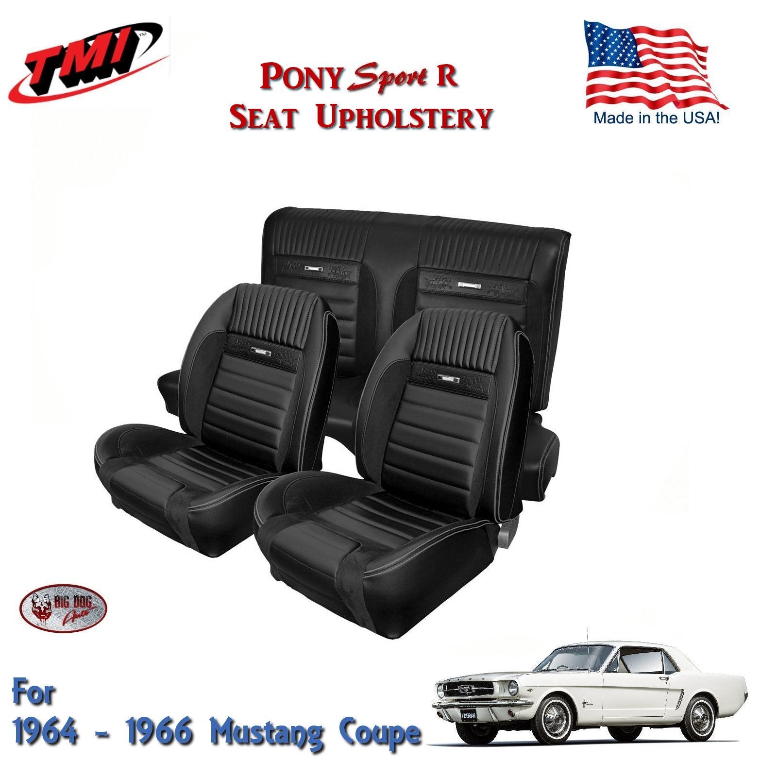 1964 - 66 Mustang Coupe Front/Rear Seat PONY "Sport R" Upholstery - Black, TMI