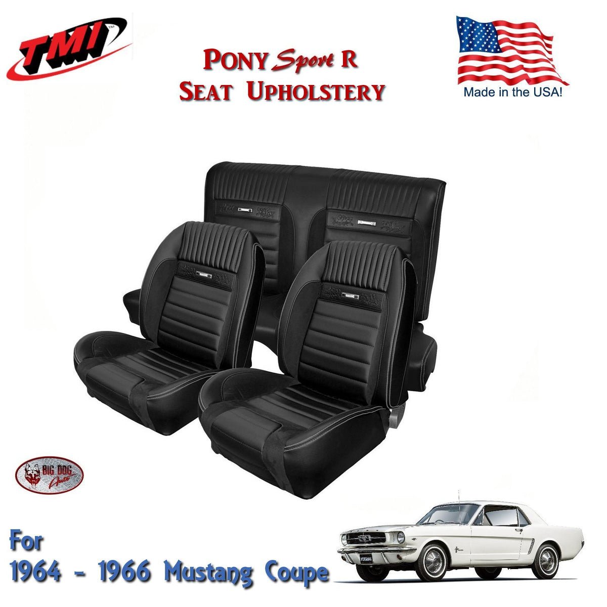 1964 - 66 Mustang Coupe Front/Rear Seat PONY "Sport R" Upholstery - Black, TMI