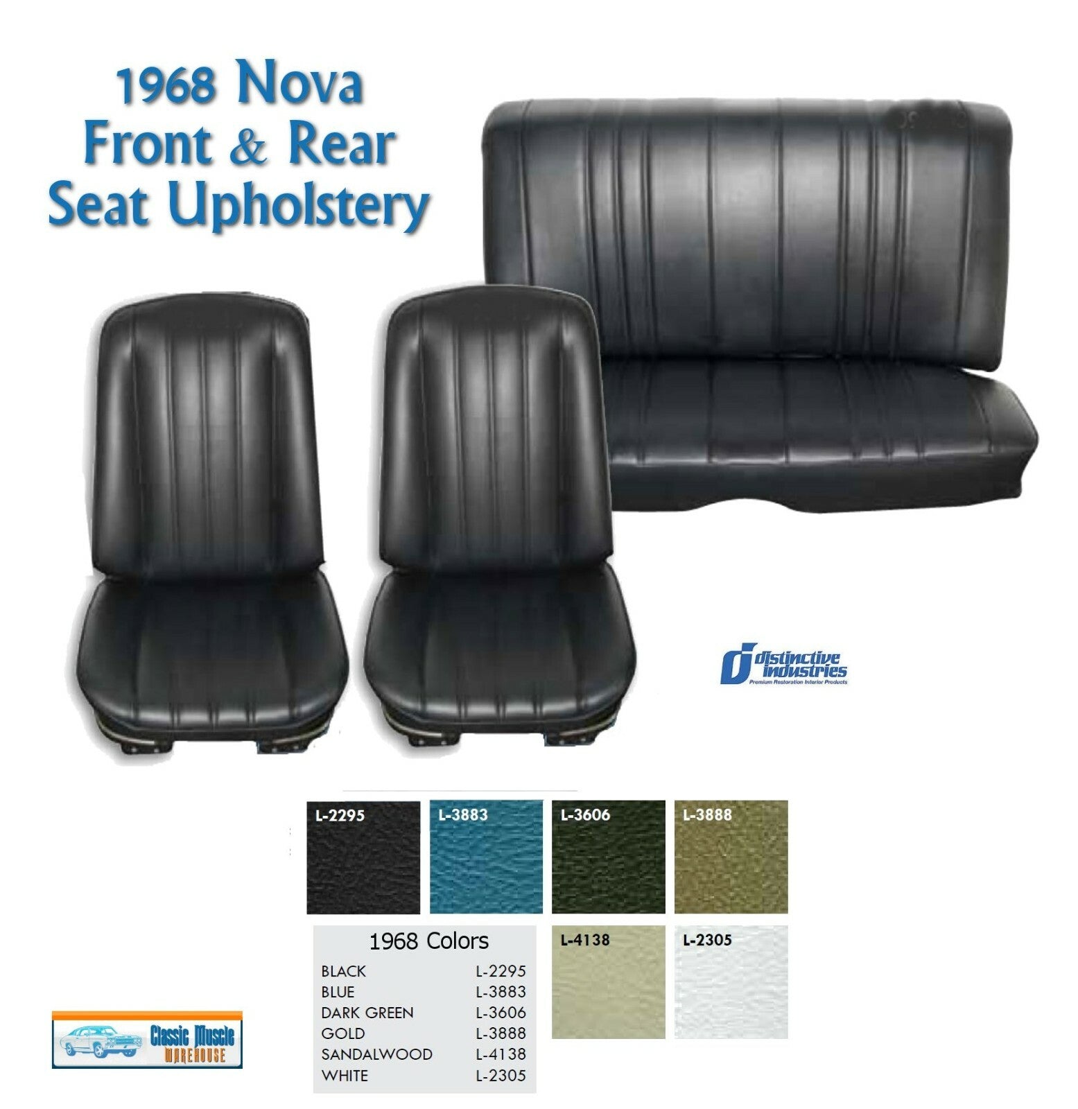 1968 Nova Bucket & Rear Bench Seat Upholstery in Your Choice of Factory Color 