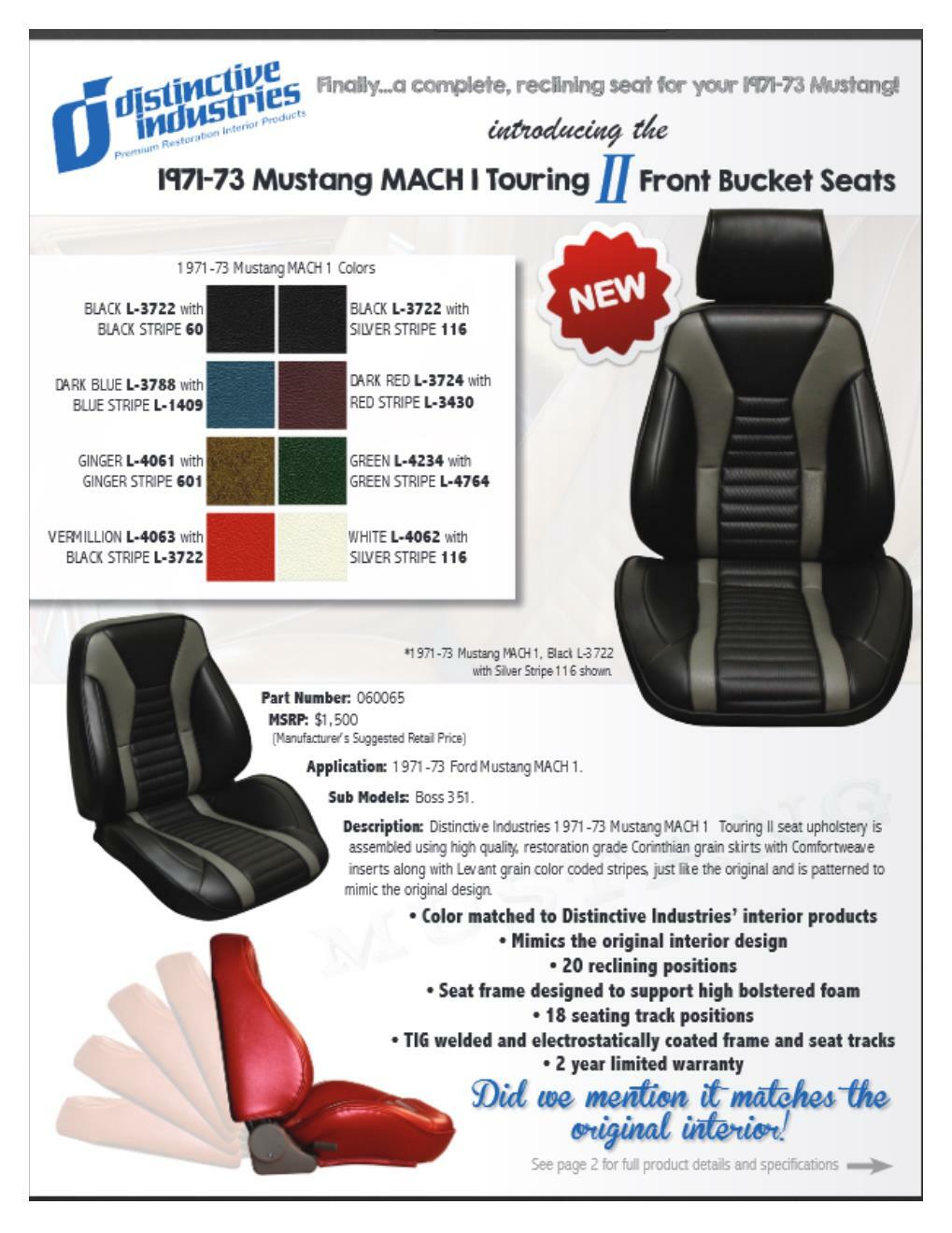 Mach 1 Touring II Fully Assembled Seats 1971-73 Mustang - Choice of Color