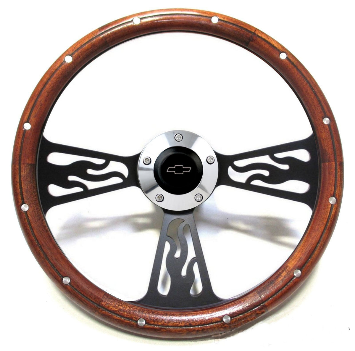 1969 -1973 Chevelle Steering Wheel Wood & Billet Flamed Design WITH ADAPTER/HORN