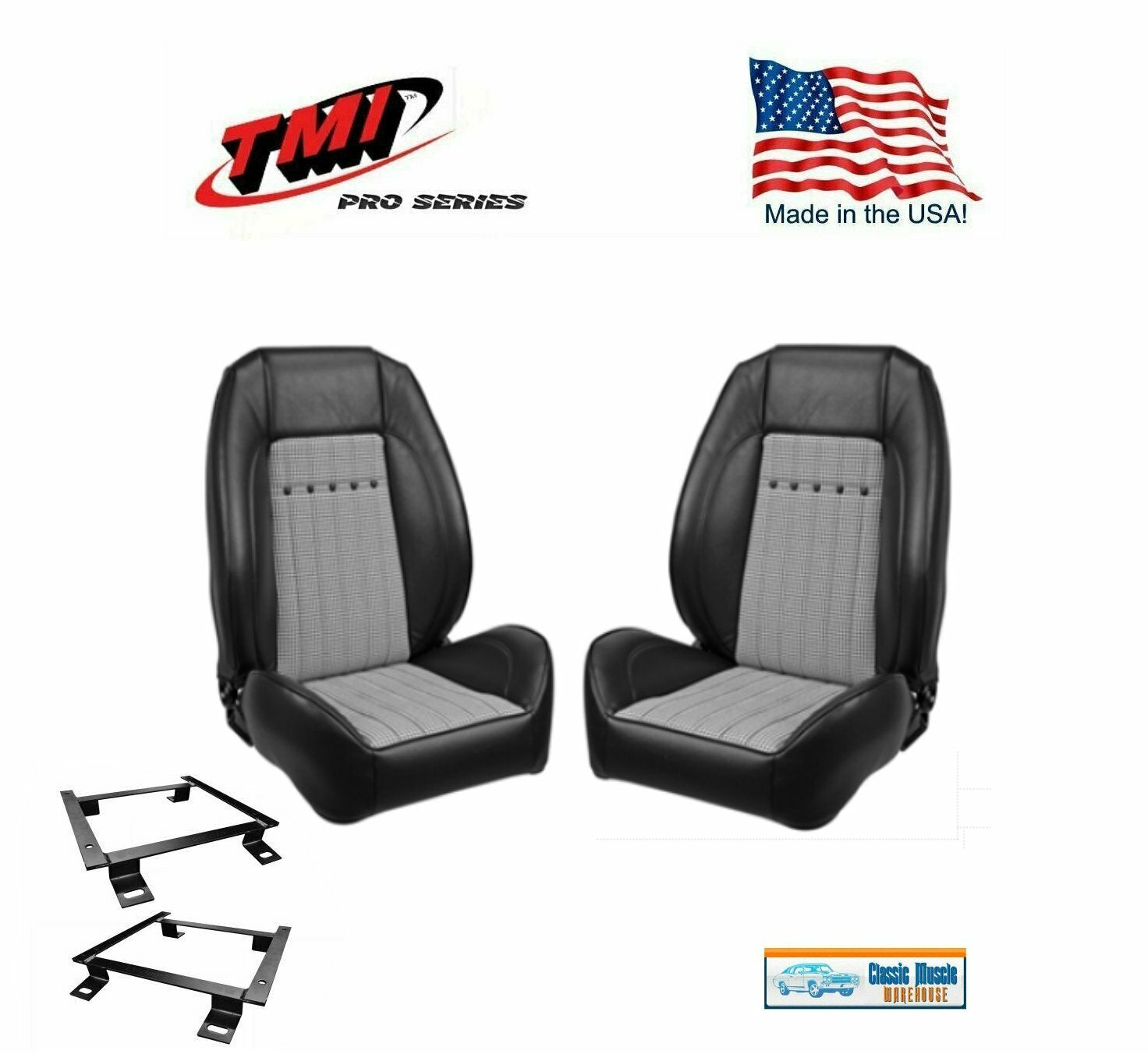 TMI Pro Series Sport R Bucket Seats 1968 Camaro, Black w/Houndstooth, Brackets