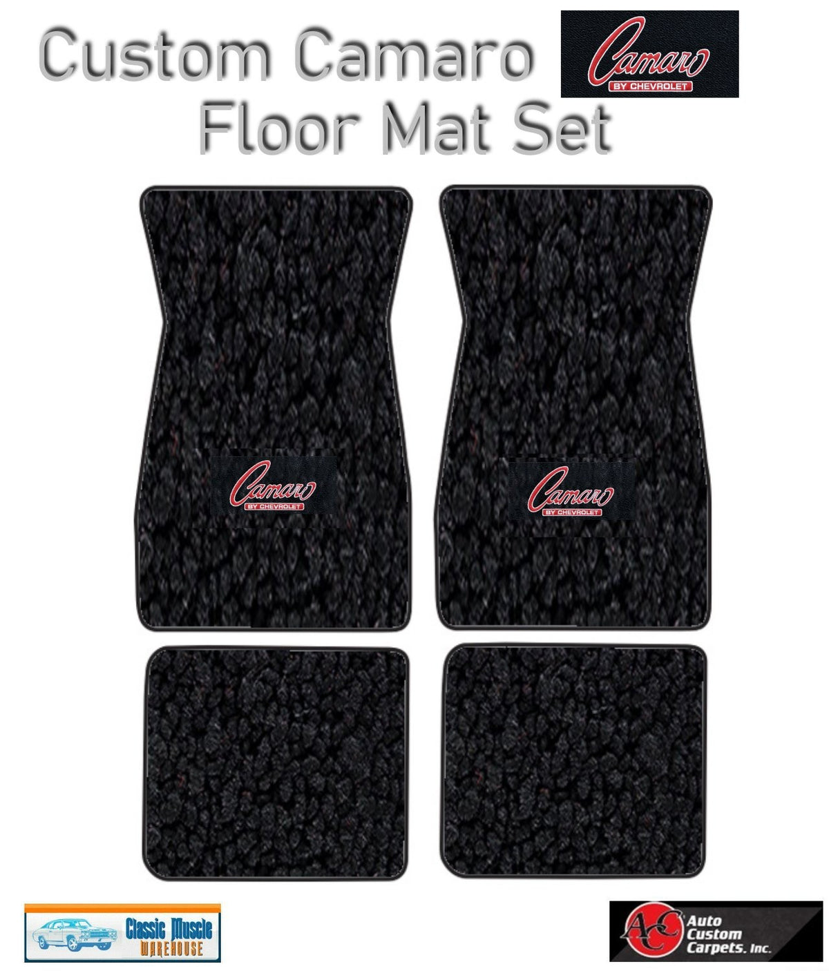 1970-73 Camaro Black Carpet Floor Mat Set with Red & Silver Camaro Logo -ACC