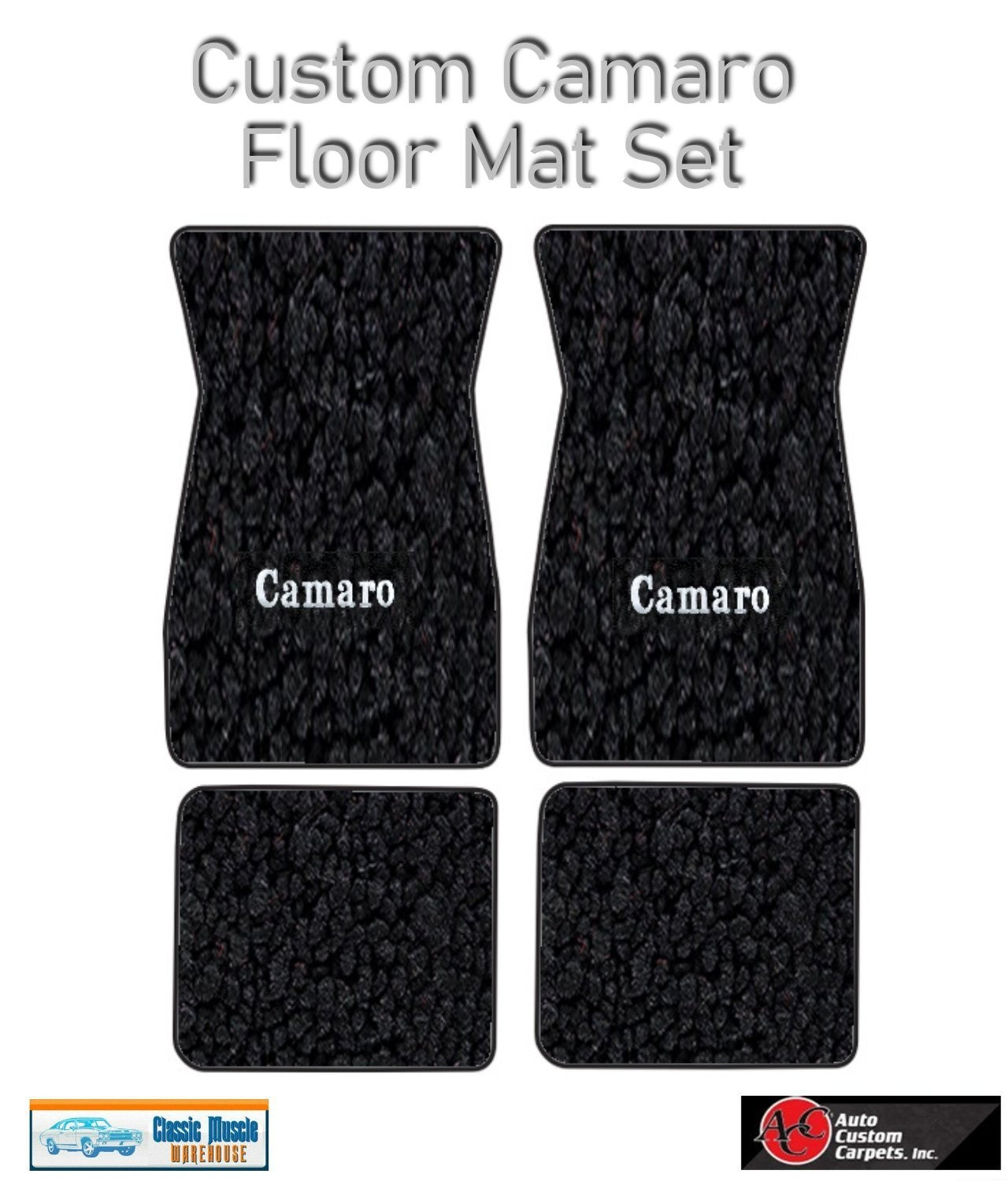 1970-73 Camaro Black Carpet Floor Mat Set w/ Silver Camaro Block Style Logo -ACC